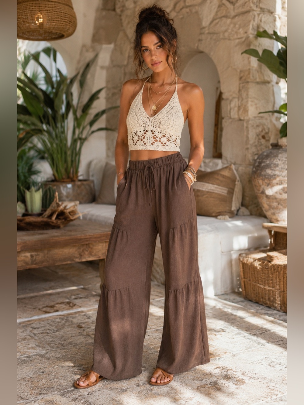 Heimish U.S.A. Tiered Wide Leg Pants Brown Large NWOT Boho Lounge A30